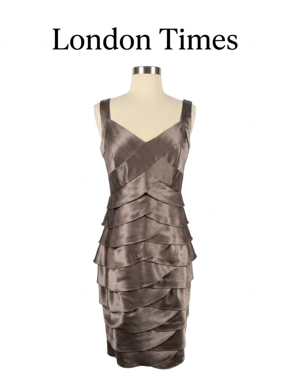 London Times Women's Taupe Layered Satin Cocktail Dress Size 4